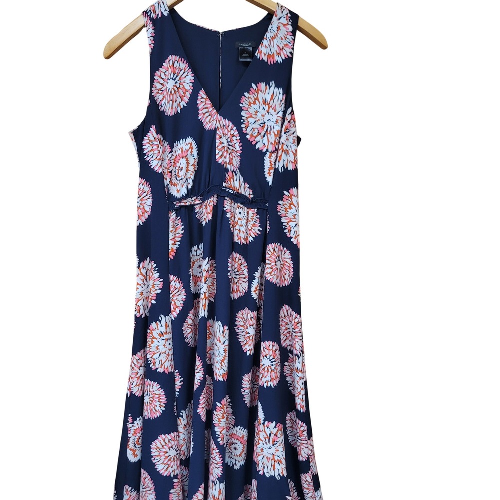 Ann Taylor Navy Blue Pink Floral Burst Midi Dress Vibrant Garden Party Size 2